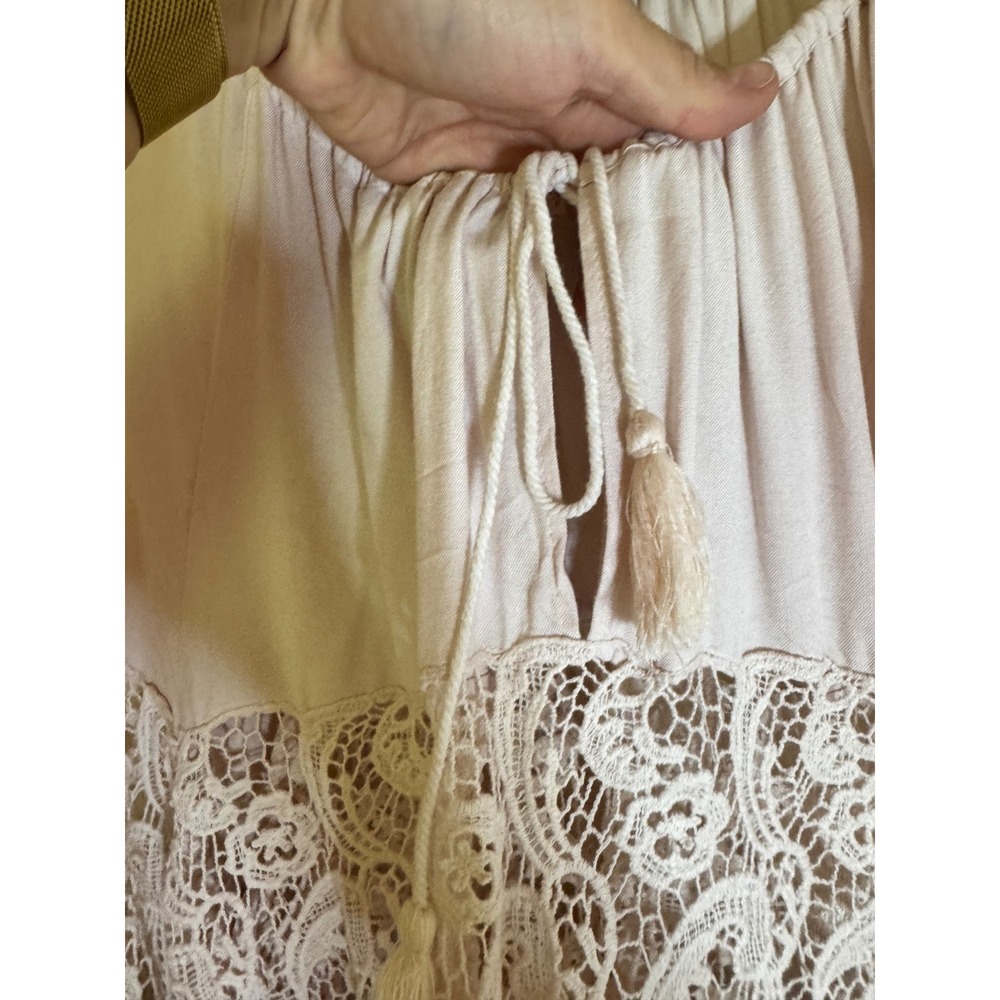 Free People‎ Boho Lace Peasant Blouse Pink Small Tassel Tie - Picture 9 of 12